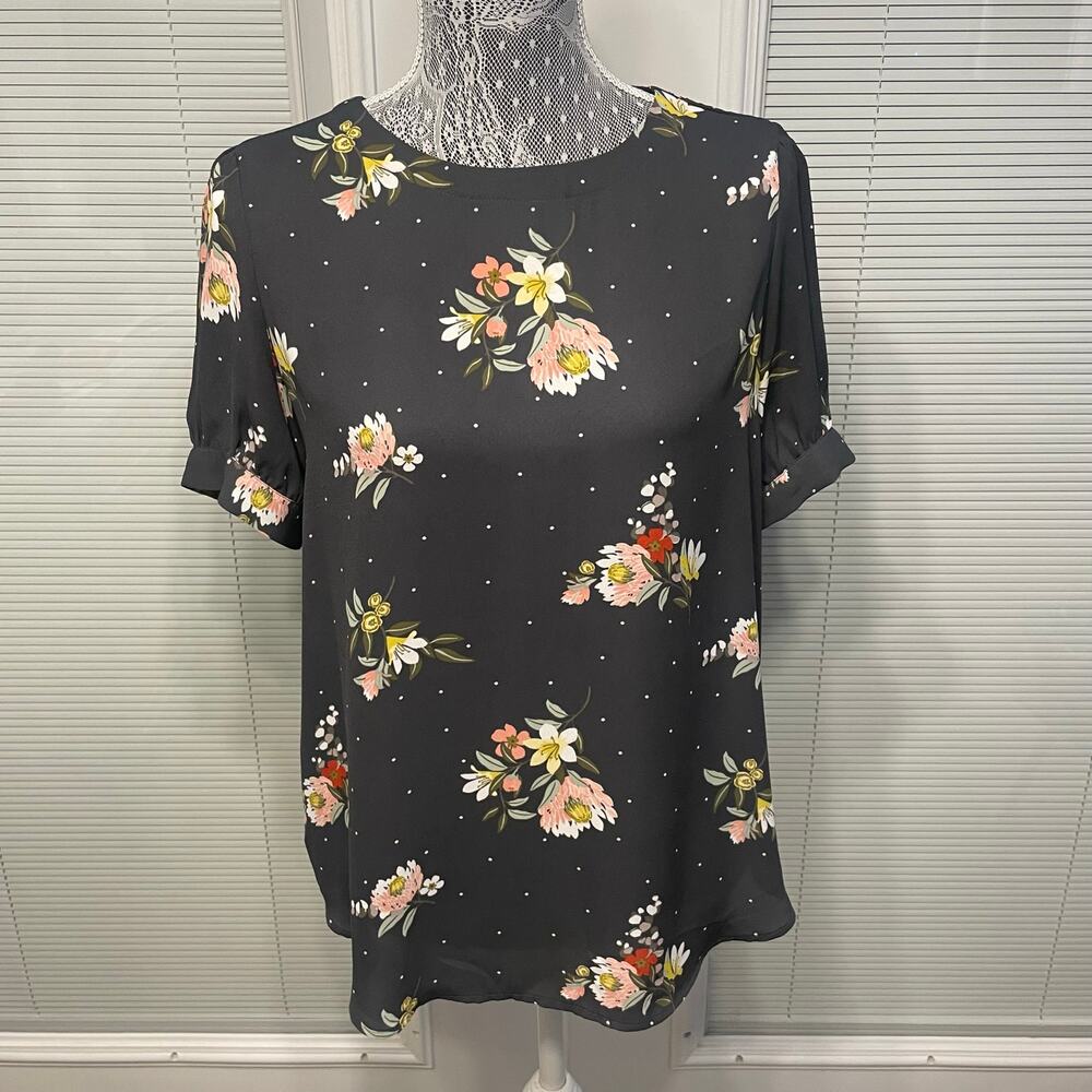 Ann Taylor LOFT Gray Floral Blouse Top Lightweight Office Work Feminine Sz S